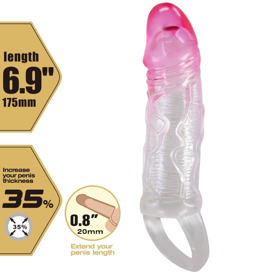 Penishülle mit rosa Spitze und Ring. Abmessungen: 6,9 Zoll Länge, 20mm Dicke. Text mit Prozentangabe.