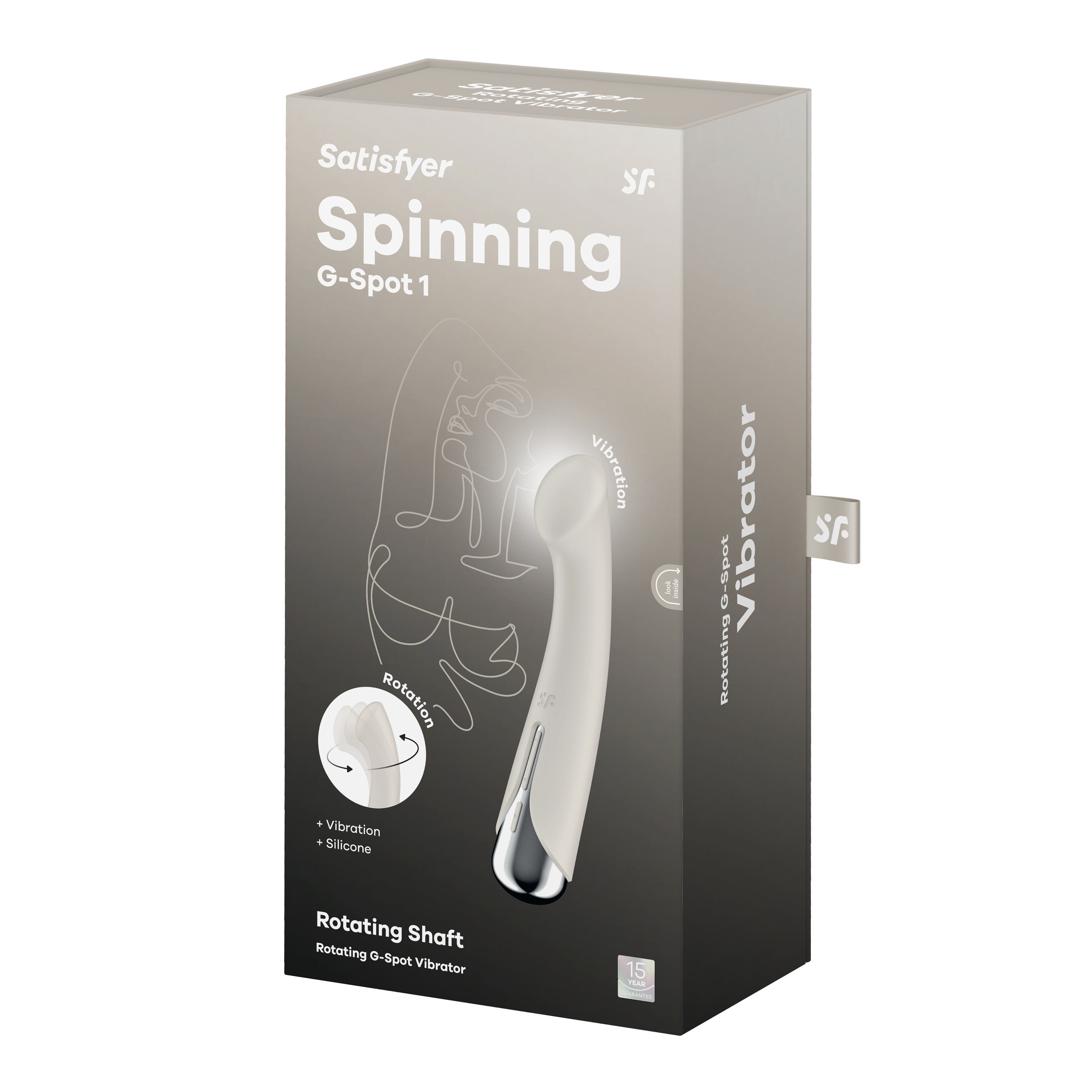 Verpackung des Vibrators. Produktname: Satisfyer Spinning G-Spot 1. Abbildung des Produkts und Beschreibung.