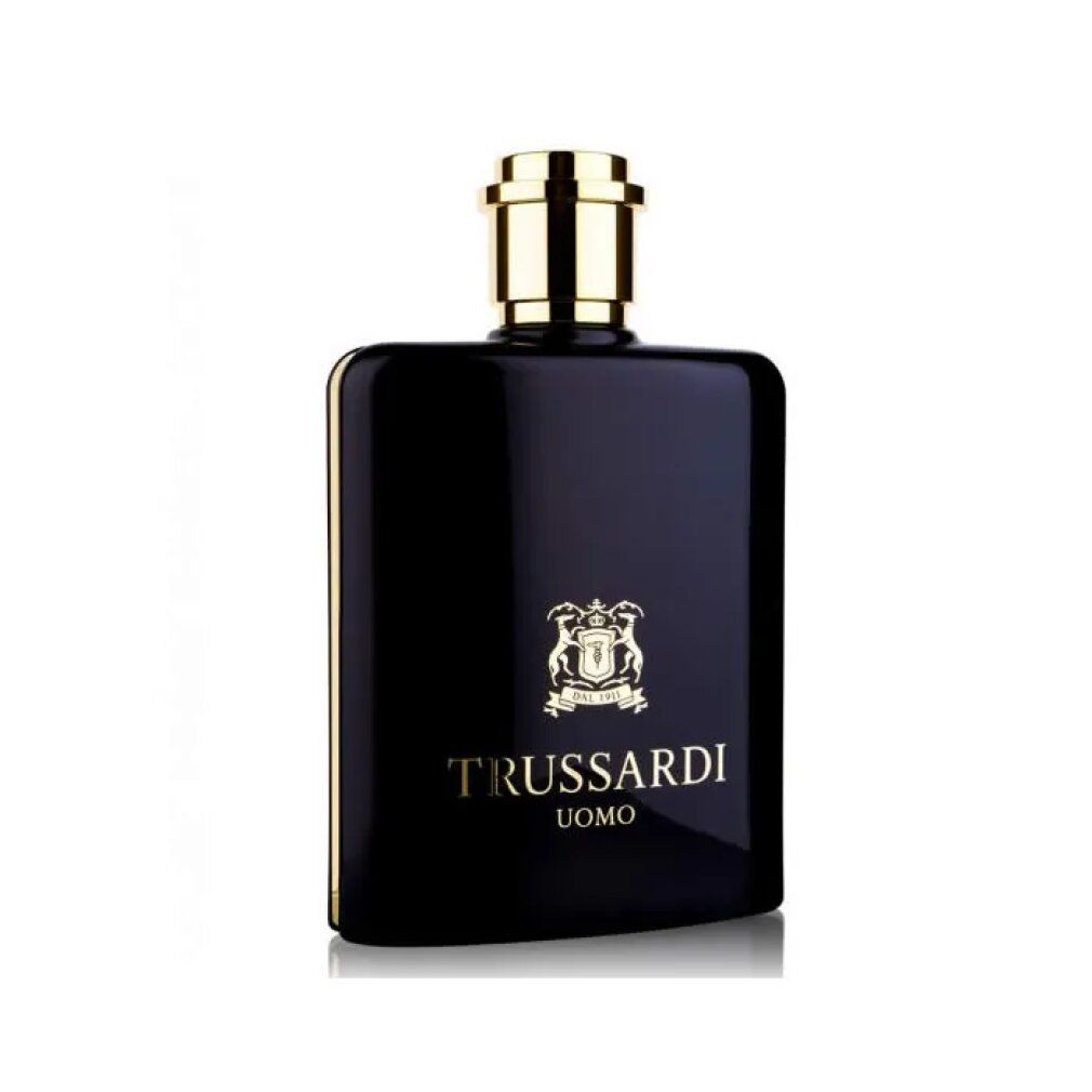 Schwarzer Flakon mit goldfarbenem Verschluss. Trussardi Uomo Logo und Wappen auf der Vorderseite.