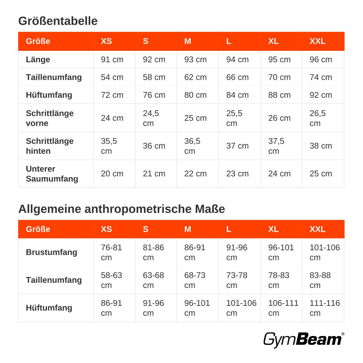 Größentabelle für Damen-Leggings: Maße in cm für Größe XS bis XXL.
