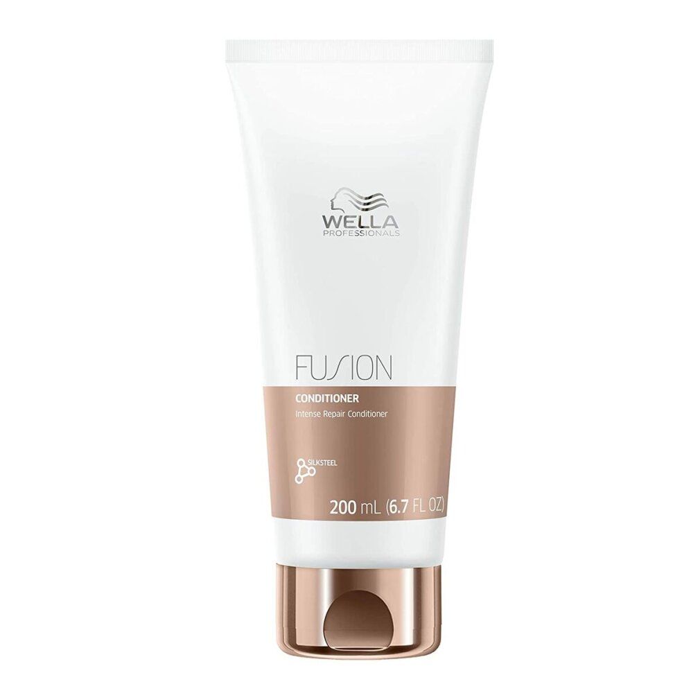 Wella Fusion Conditioner Tube. Weiß, mit kupferfarbenem Abschnitt und Verschluss. Schriftzug: Fusion, Conditioner, 200 ml.