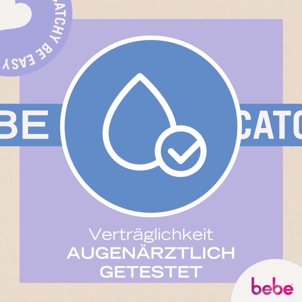 Blaues rundes Symbol mit Wassertropfen und Häkchen. Text: "Verträglichkeit AUGENÄRZTLICH GETESTET". bebe Logo.