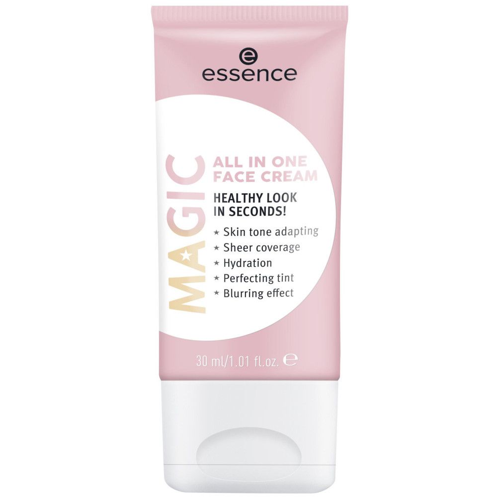 Rosa Tube mit weißem Deckel. Aufschrift: Essence, Magic All in One Face Cream. Merkmale: Hauttonanpassung, Deckkraft, Feuchtigkeit, Tönung.