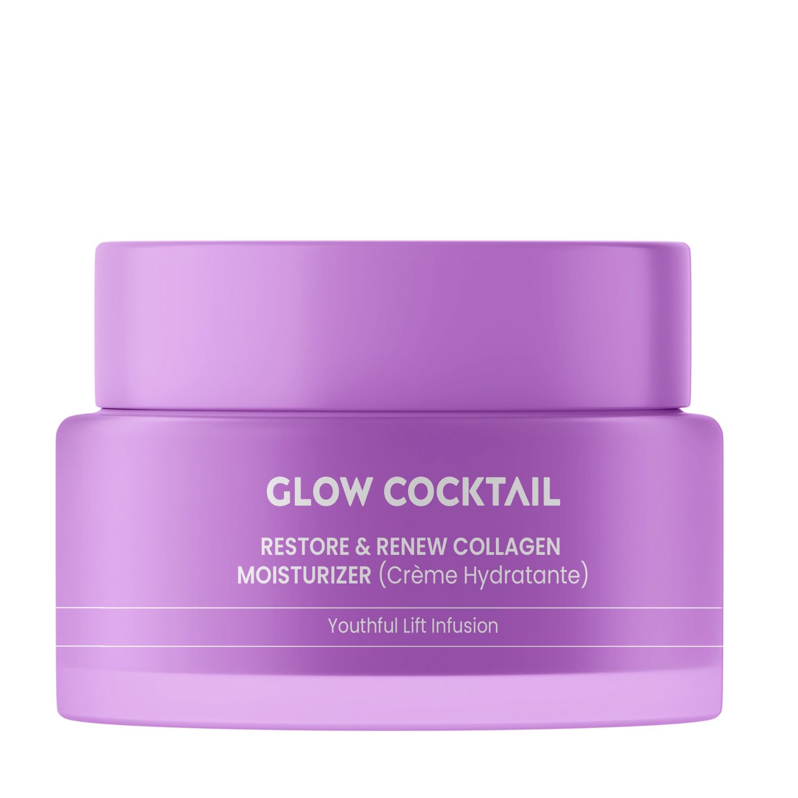 Lila Tiegel mit Deckel. Aufschrift: Glow Cocktail, Restore & Renew Collagen Moisturizer (Crème Hydratante).