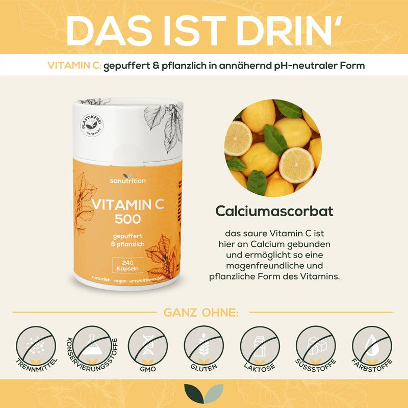 Produkt "Sanutrition Vitamin C 500" neben Zitronen und Infografik. Enthält Calciumascorbat. "Plastikfrei"-Logo.