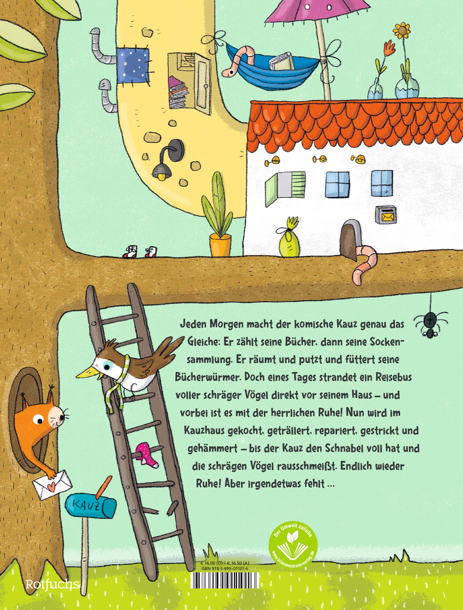Buchrücken mit Illustrationen. Titel: Der komische Kauz und die schrägen Vögel. Verlag: Rotfuchs. Text auf Deutsch.
