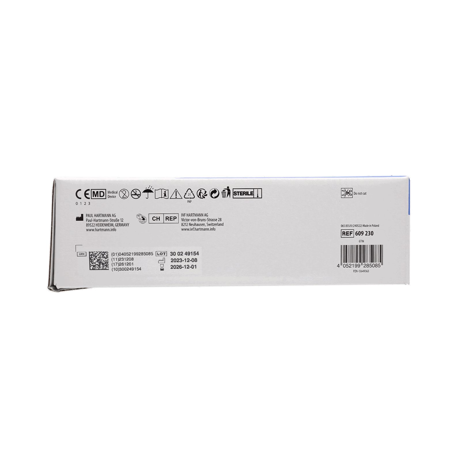 Rückseite der HydroClean Verpackung. Informationen zu Hersteller, Chargennummer, Verfallsdatum und Sterilität.