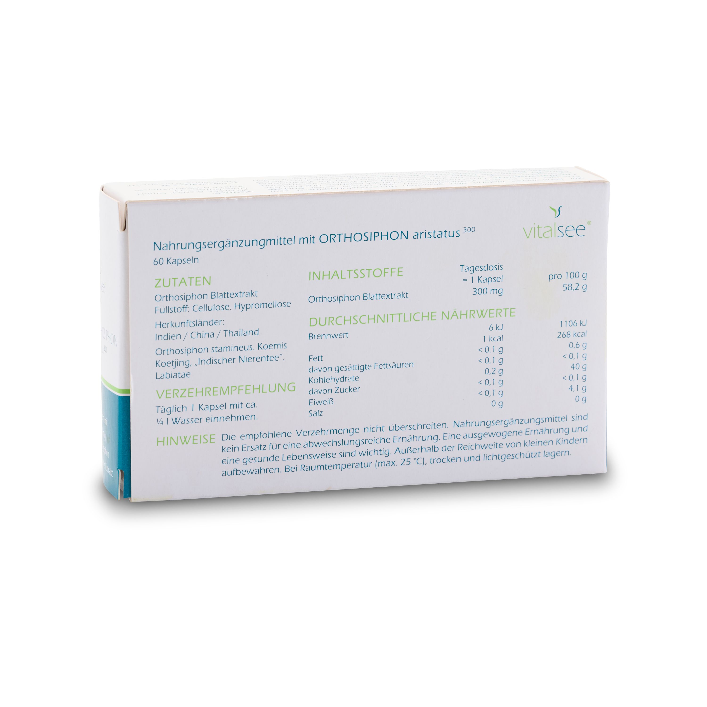 Rückseite der Vitalsee ORTHOSIPHON aristatus 300 Extrakt Verpackung. Enthält Informationen zu Inhaltsstoffen und Nährwerten.