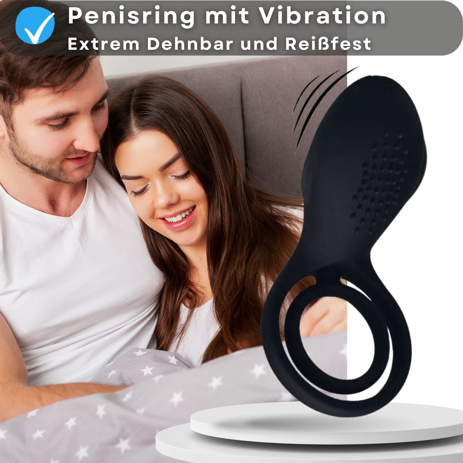 Schwarzer Penisring mit Vibration. Text: Extrem dehnbar und reißfest.