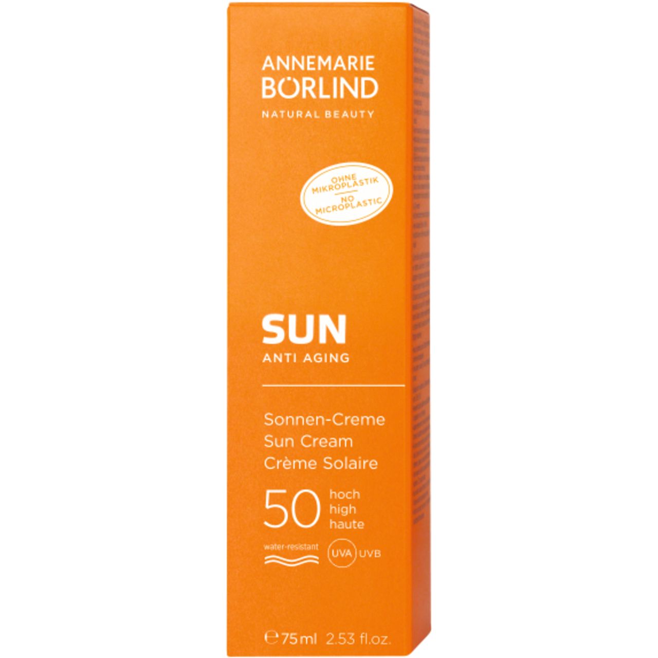 Orange Tube Sonnencreme. Text: ANNEMARIE BÖRLIND SUN Anti-Aging, LSF 50. Wasserfest. 75 ml.
