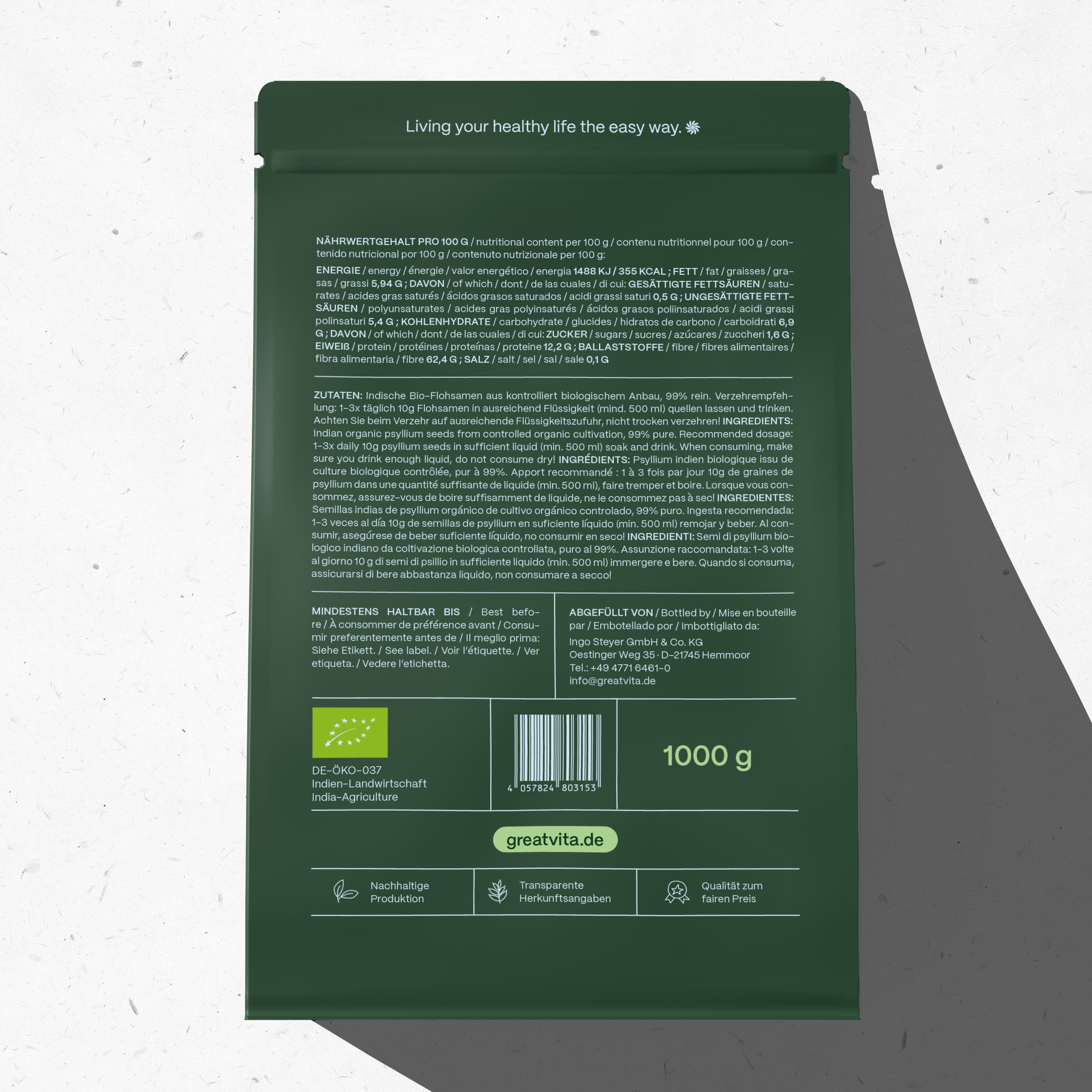 Grüne Verpackung mit Text. Enthält 1000 g. Aufschrift: GreatVita, Bio Flohsamen. Bio-Siegel. Text in Deutsch.