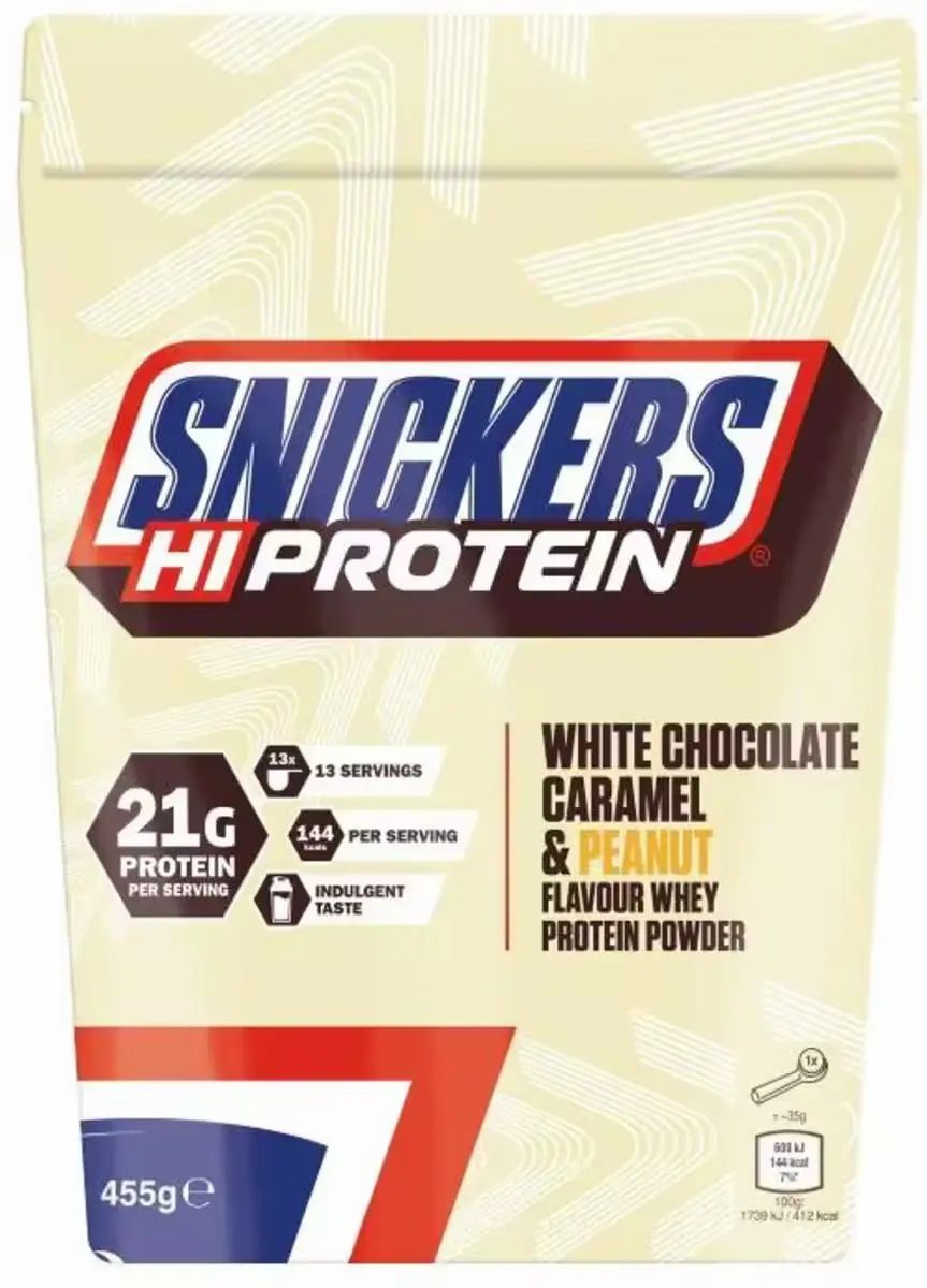 Beutel Snickers HI PROTEIN. Weißer Schokoladen-Karamell-Erdnuss-Geschmack. 21g Protein pro Portion. 455g.