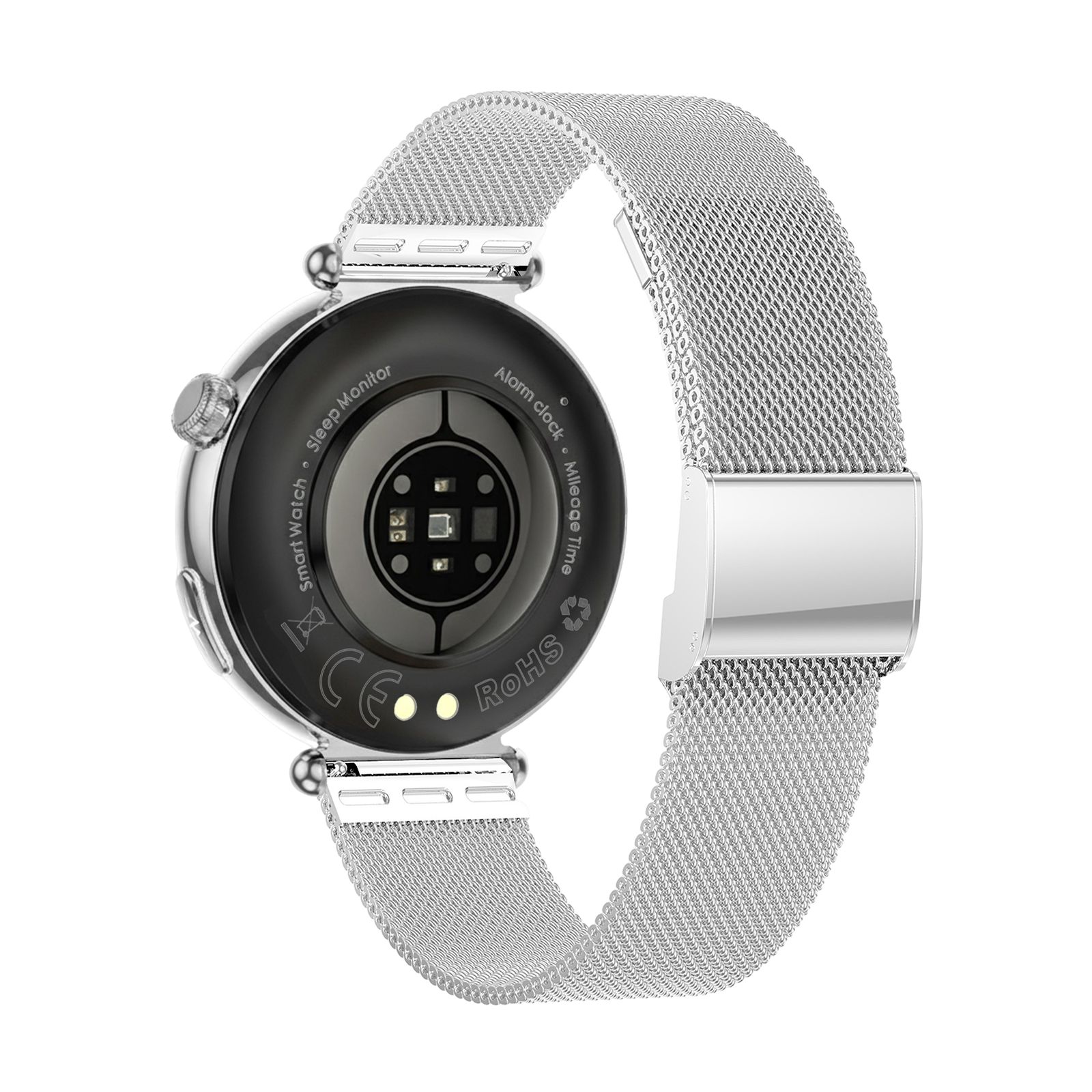 Rückseite der Smartwatch mit Metallarmband. Sensoren, Schriftzüge: Sleep Monitor, Smart Watch, Alarm clock, Made in China, RoHS.