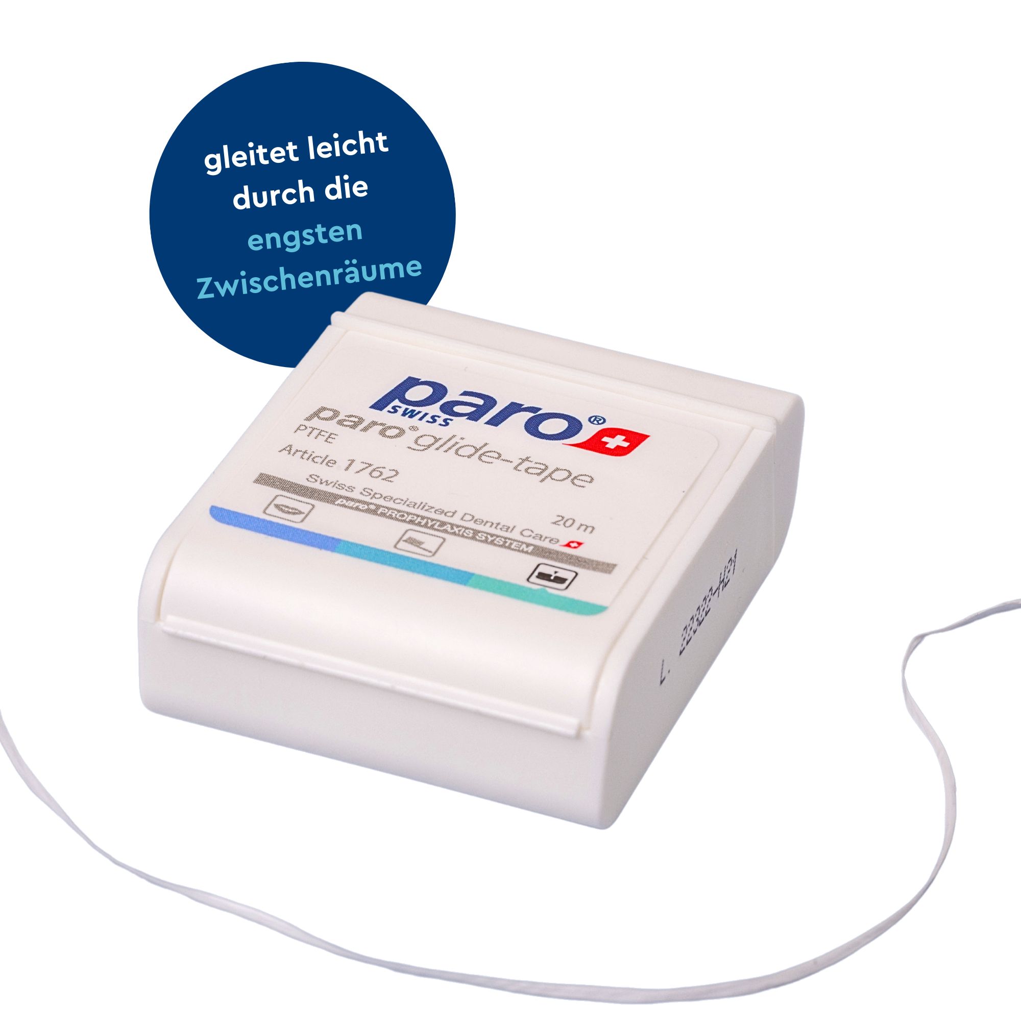 Paro glide-tape Zahnseide, 20m PTFE, mit Text 'gleitet leicht durch engste Zwischenräume'.