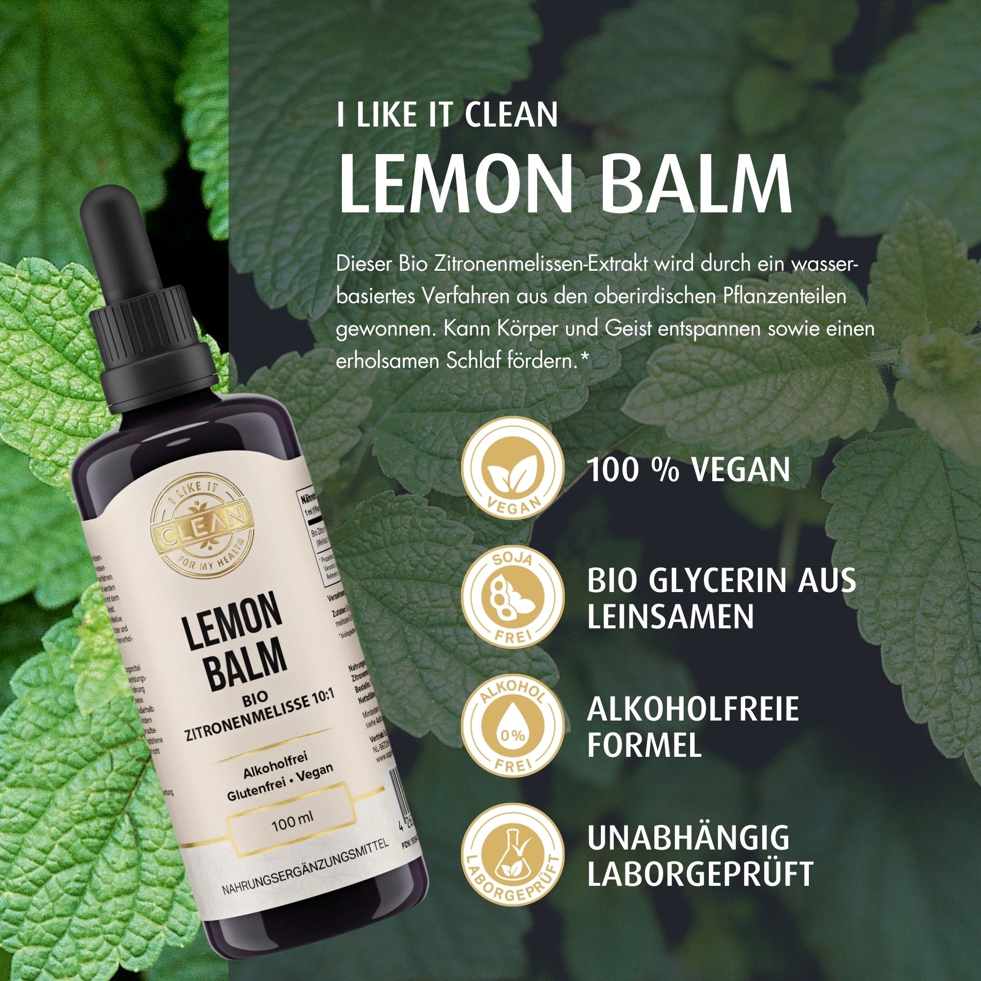 Braune Glasflasche mit schwarzem Deckel und Pipette. Etikett mit Produktinformationen. Icons und Text.