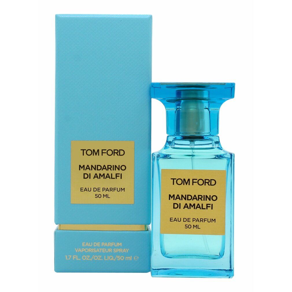 Hellblaues Parfumflakon und Schachtel. Auf Etiketten: Tom Ford Mandarino di Amalfi, Eau de Parfum, 50 ml.