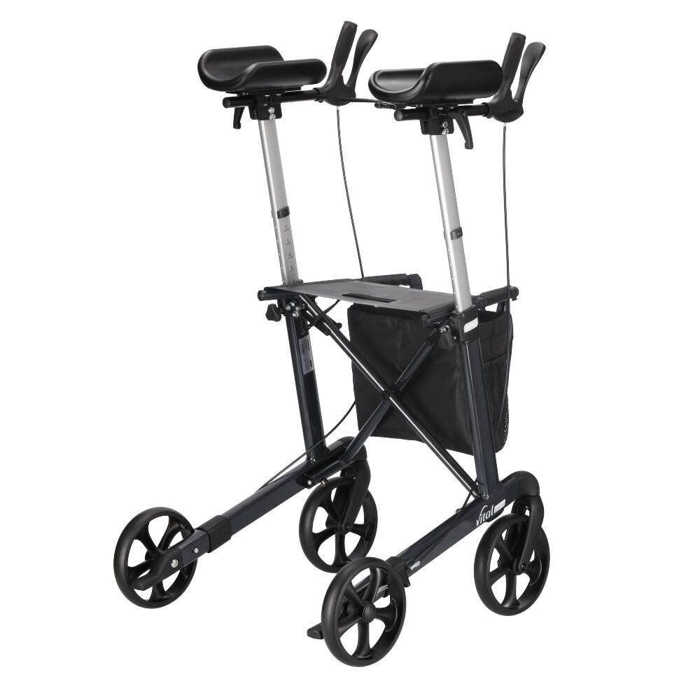 Schwarzer Aluminium-Rollator mit Armauflagen, Sitz und Tasche. Vier Räder. Graue und schwarze Elemente.