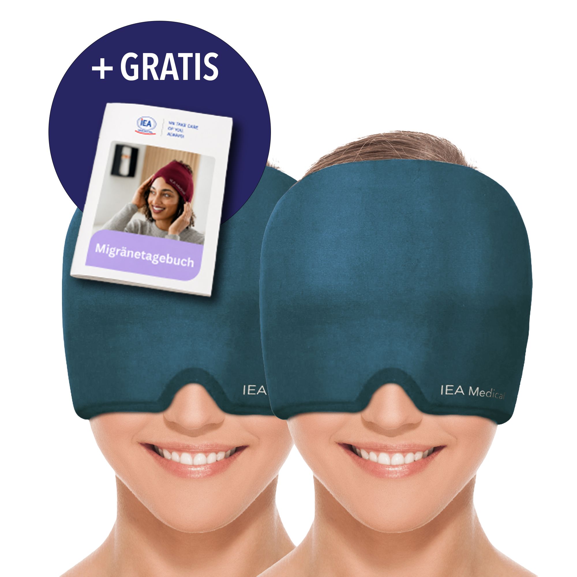 Zwei blaue IEA Medical Migränemasken und zwei Migränetagebücher. Eine Maske wird von einer Frau getragen.