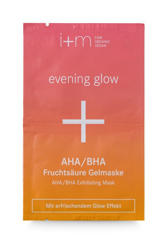 Rosa-orangefarbene Verpackung. Aufschrift: i+m, evening glow, AHA/BHA Fruchtsäure Gelmaske. Vegan, Fair Organic.