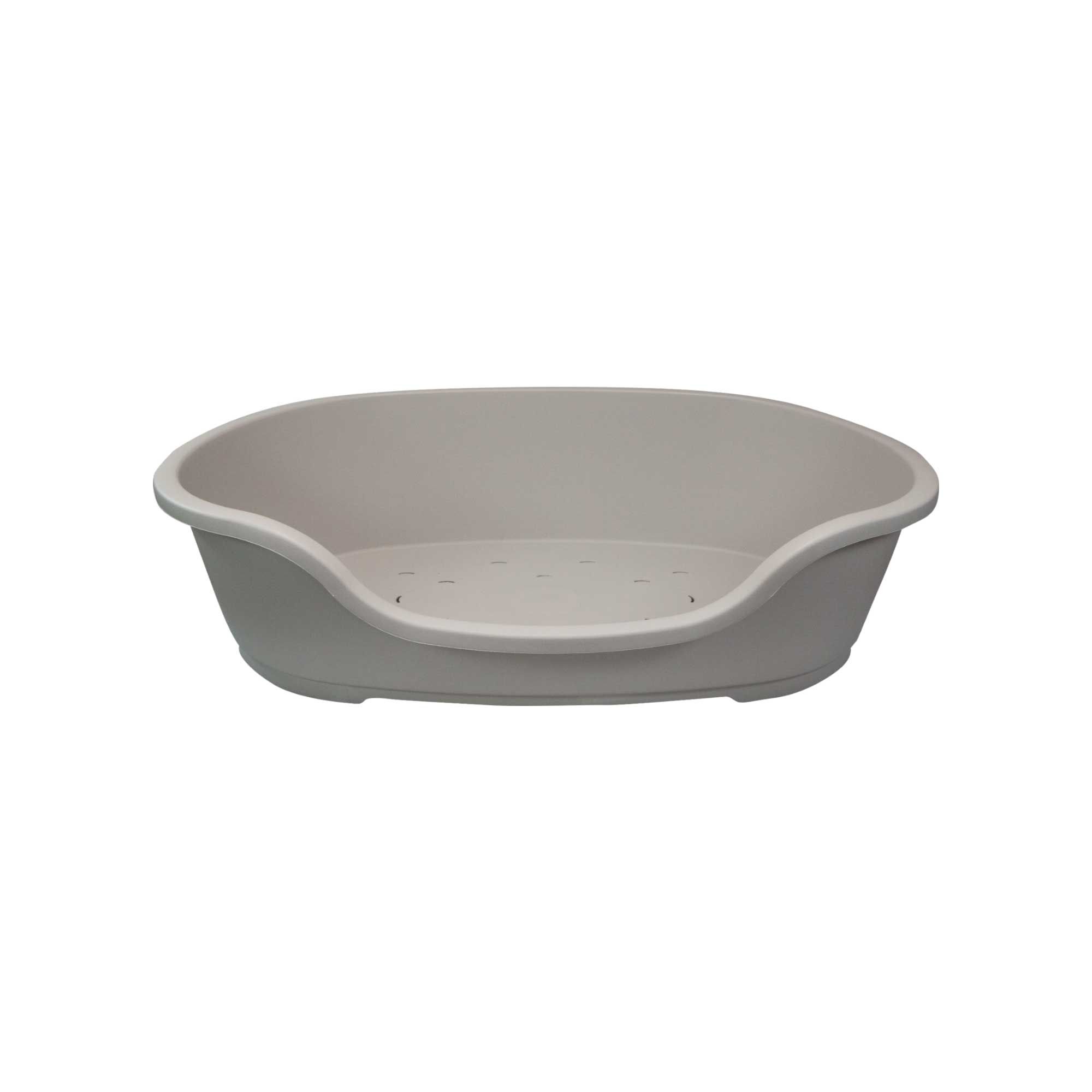 Hundekorb aus Kunststoff, oval, hellgrau. Mit niedrigerem Einstieg und Löchern im Boden.