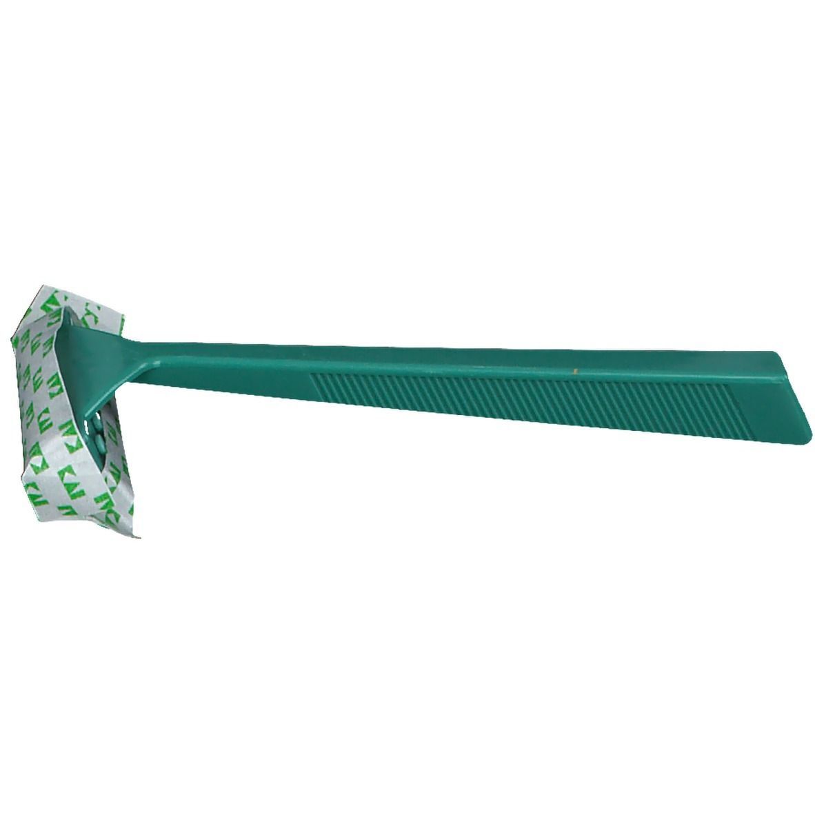 Einmal-Rasierer mit grünem Griff und Schutzverpackung. Der Griff hat eine geriffelte Oberfläche. Die Klinge ist durch eine Verpackung geschützt.