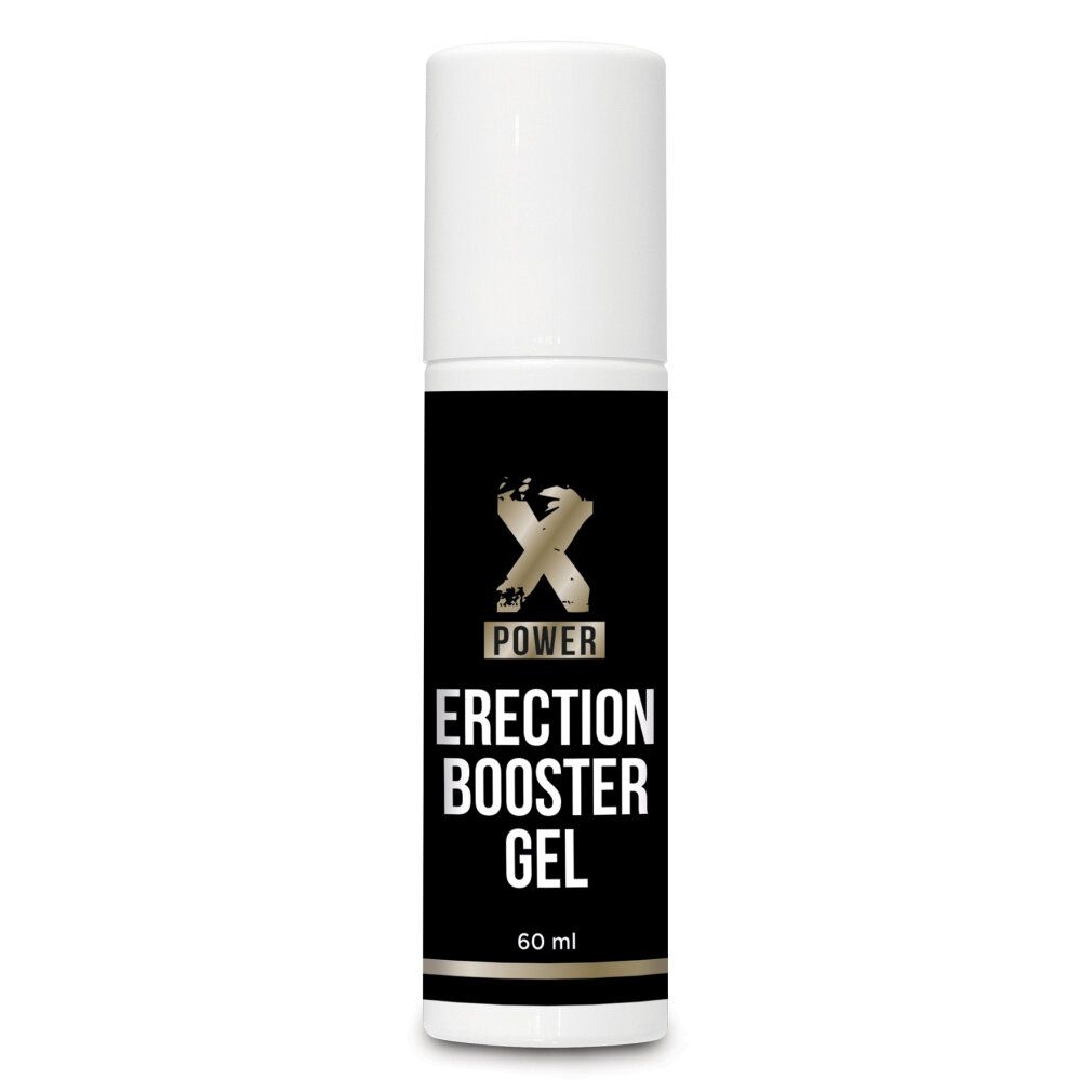 Schwarze Flasche mit weißem Deckel. Aufschrift: Xpower, Erection Booster Gel. Unten: 60 ml.