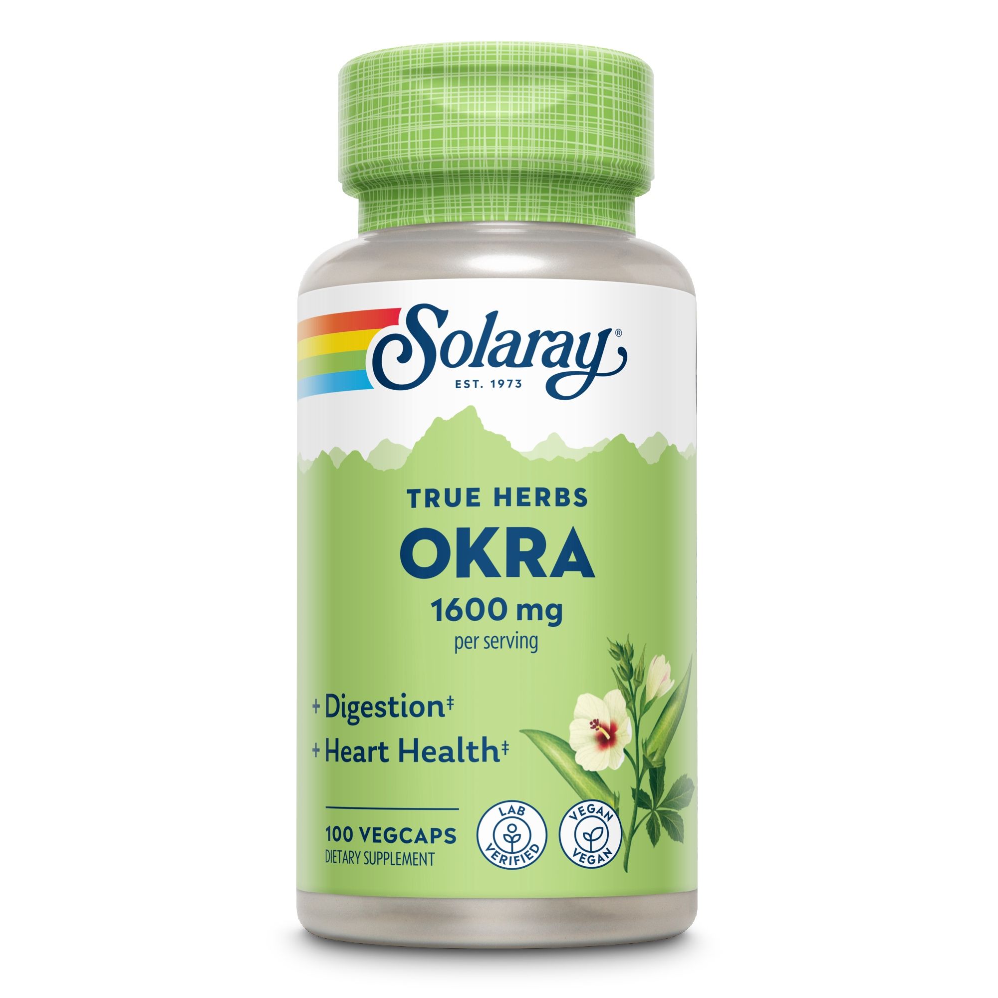 Solaray Okra 1600 mg Flasche. Grünes Etikett mit Produktnamen, Inhaltsangaben, Logo, 100 Vegcaps, vegan.