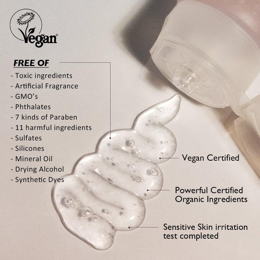 Transparenter Gel-Cleanser mit Luftblasen, "Vegan Certified"-Siegel.