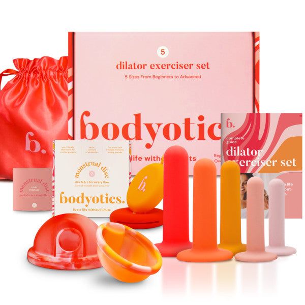 Set mit Vaginaldilatatoren in verschiedenen Farben und Größen. Enthält auch eine Menstruationsscheibe und Zubehör.