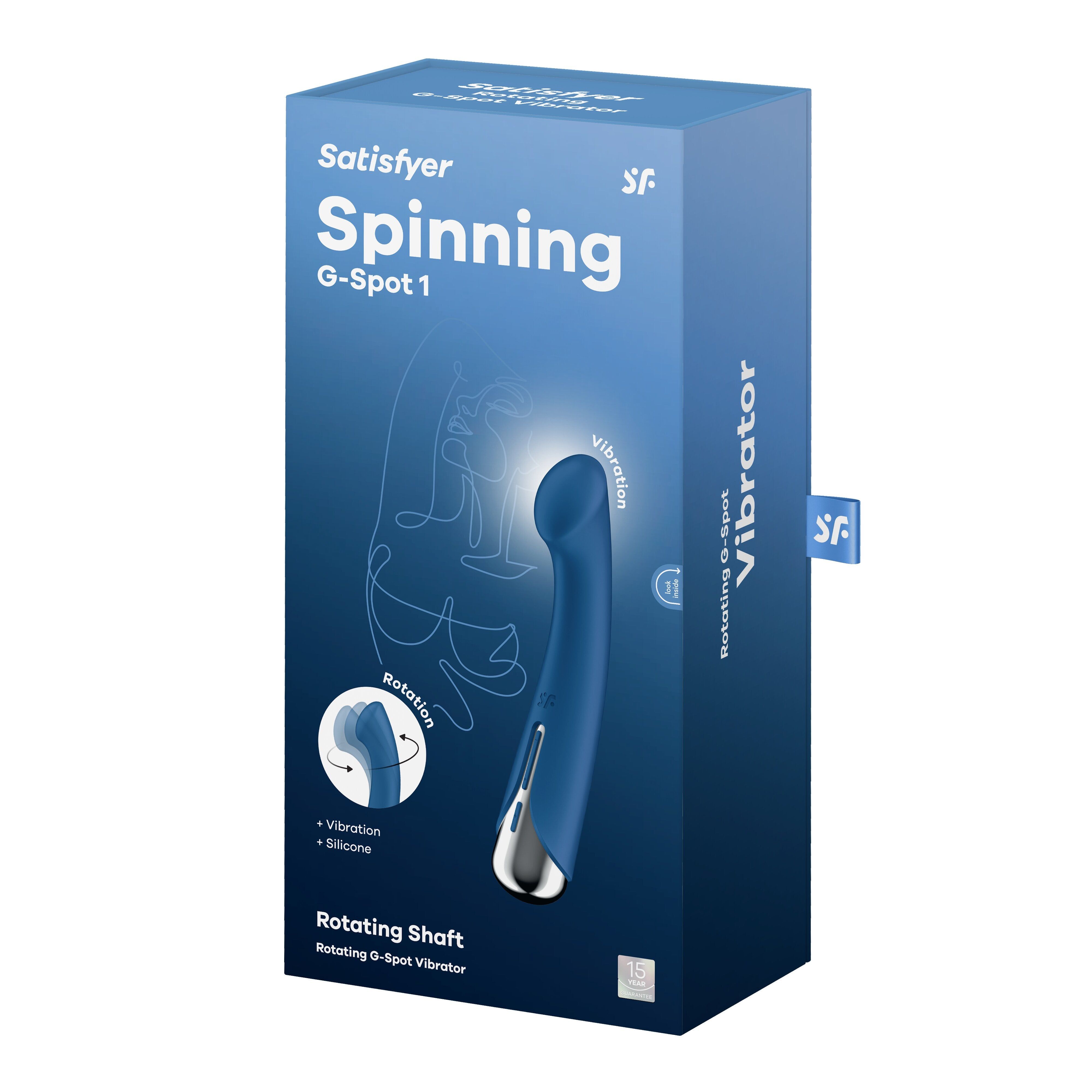 Verpackung für Vibrator. Blau, mit Produktbild und Text: 'Satisfyer Spinning G-Spot 1'.