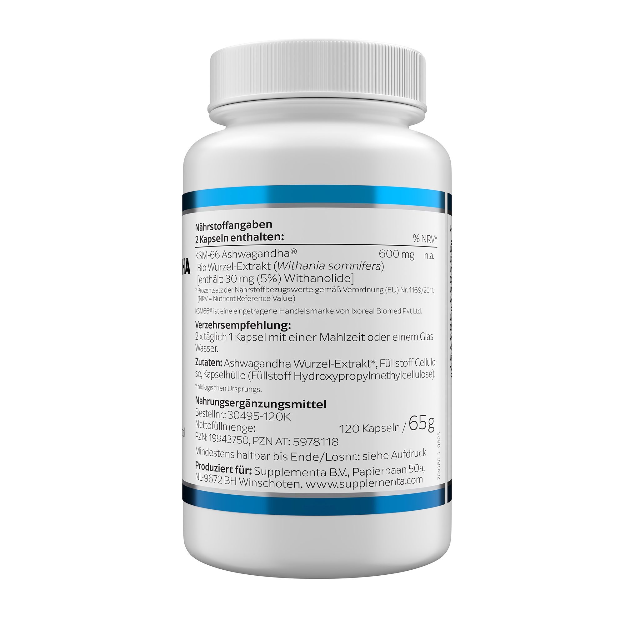 Rückseite der Flasche mit Produktinformationen. Enthält Nährwertangaben, Inhaltsstoffe und Herstellerinformationen.