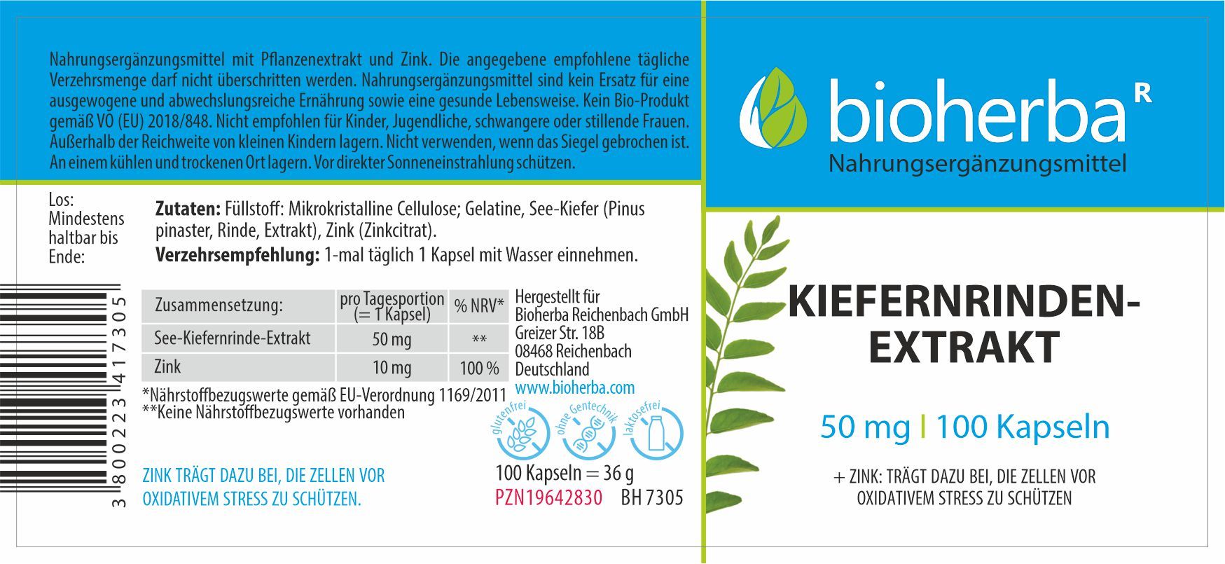 Etikett mit Produktnamen und Logo. Enthält Informationen zu Inhaltsstoffen und Dosierung.