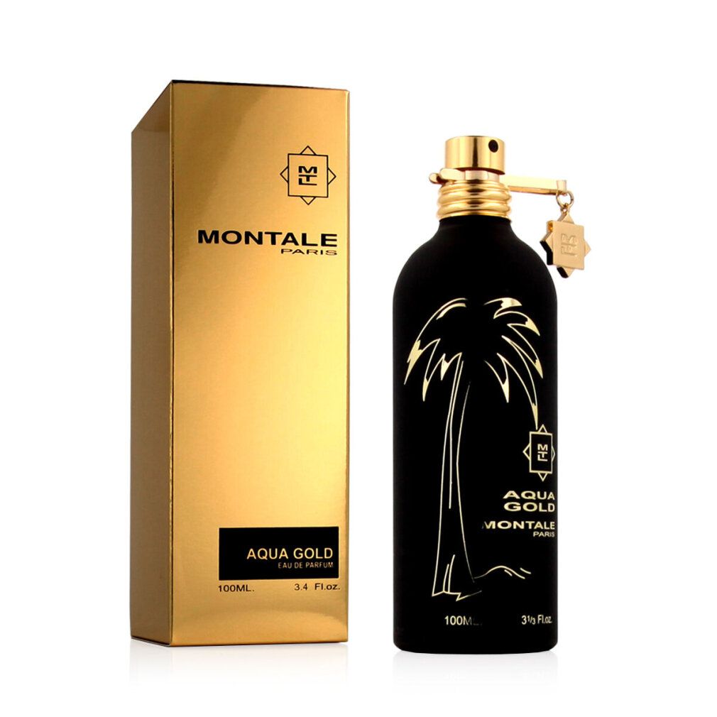 Schwarze Parfümflasche mit goldener Aufschrift und goldener Verpackung. Aufschrift: Montale Aqua Gold Eau de Parfum.
