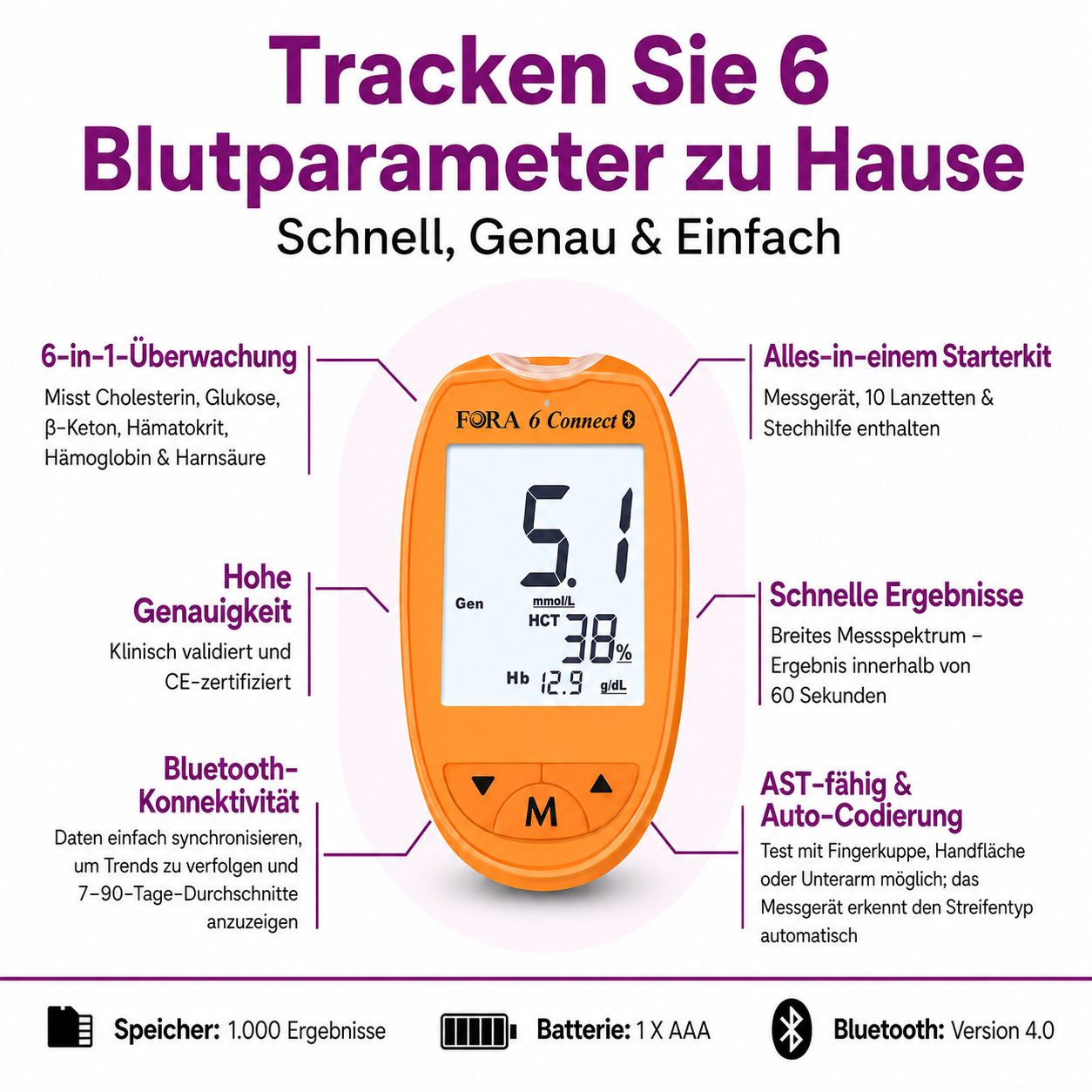 FORA 6 Connect: Verfolgen Sie 6 Blutparameter zu Hause. Inklusive Messgerät, 10 Lanzetten, Stechhilfe.