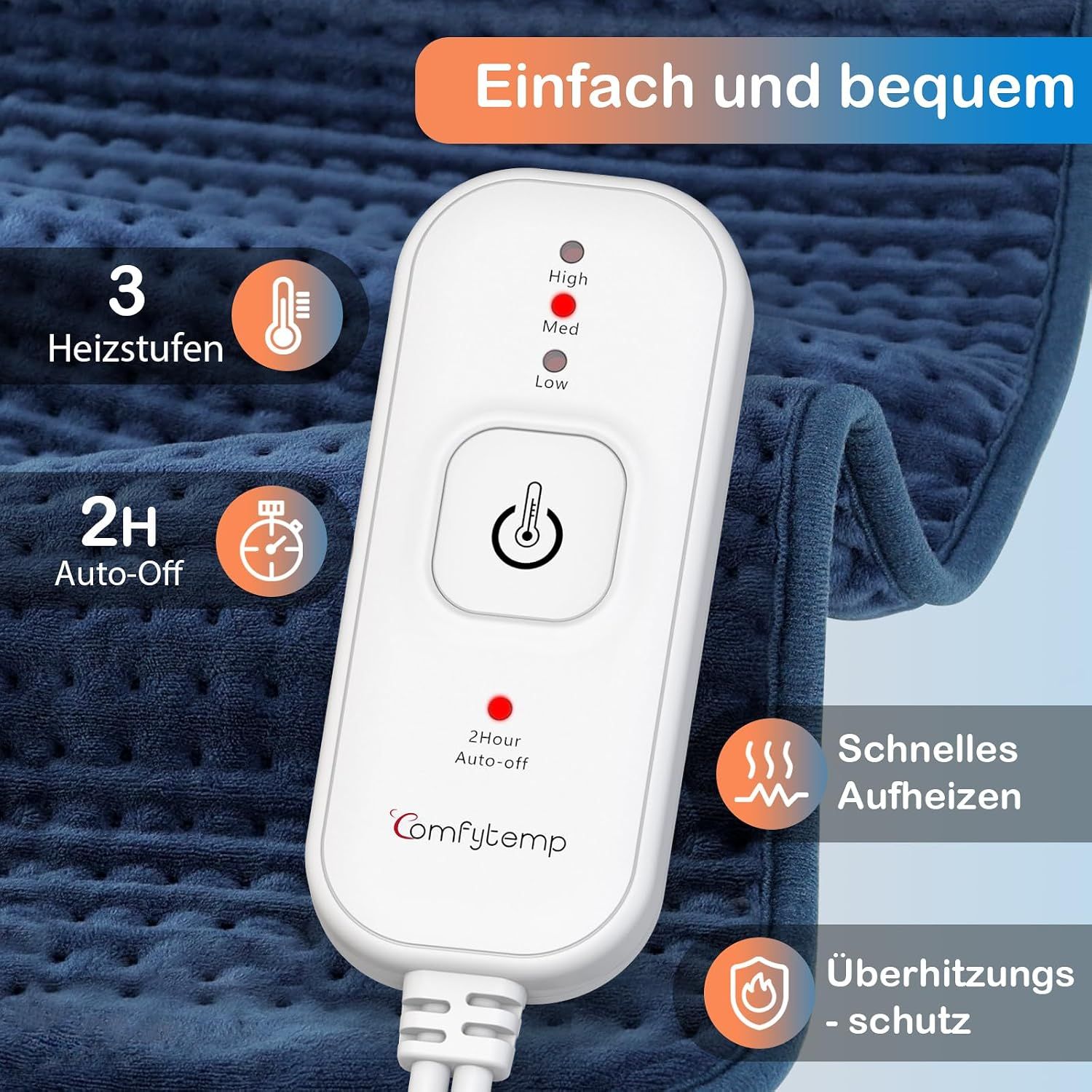 Blaues Heizkissen mit 3 Heizstufen, 2h Auto-Off und Überhitzungsschutz.