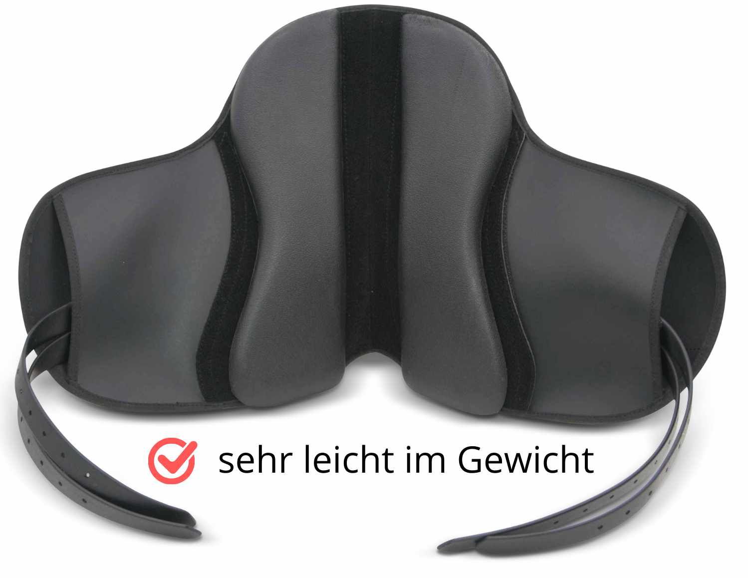 Schwarzes Reitkissen. Text: 'sehr leicht im Gewicht'. Riemen und Form des Kissens sichtbar.