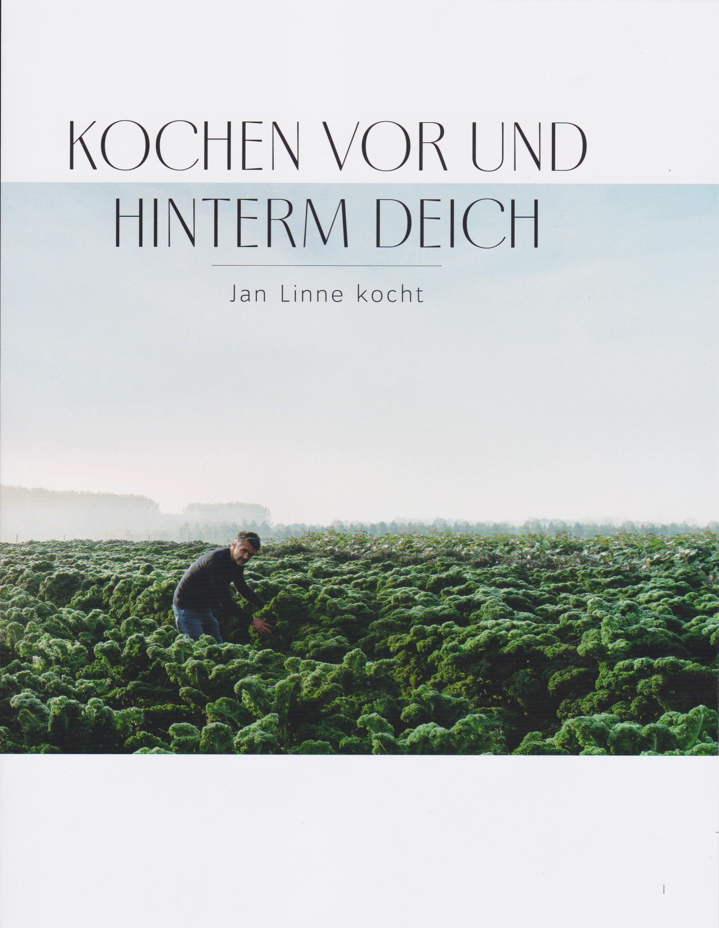 Buchcover mit Titel "Kochen vor und hinterm Deich". Autor: Jan Linne. Mann in einem Feld mit Gemüse.