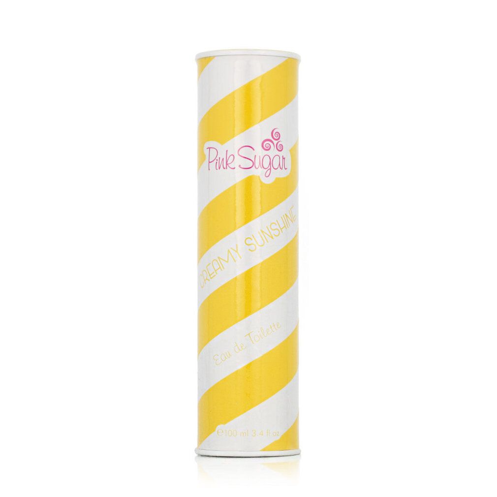 Zylindrische Verpackung mit gelb-weißen Streifen. Pink Sugar-Logo und "Creamy Sunshine" Text.