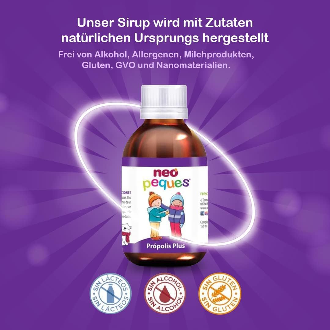 Braune Flasche mit weißem Deckel. Etikett mit Produktnamen und Illustration von Kindern. Text: Hergestellt aus natürlichen Zutaten. Frei von...