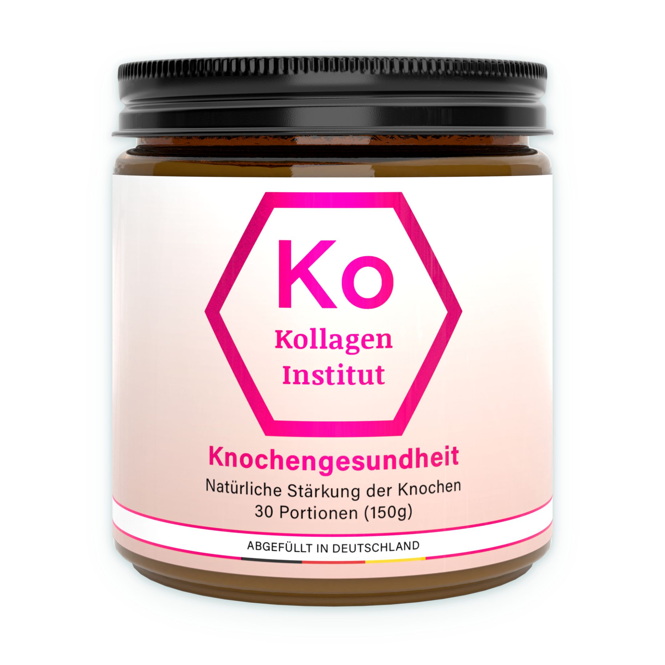 Braunes Glas mit schwarzem Deckel, gefüllt mit Kollagenpulver. Etikett mit rosa Sechseck und 'Ko Institut'.