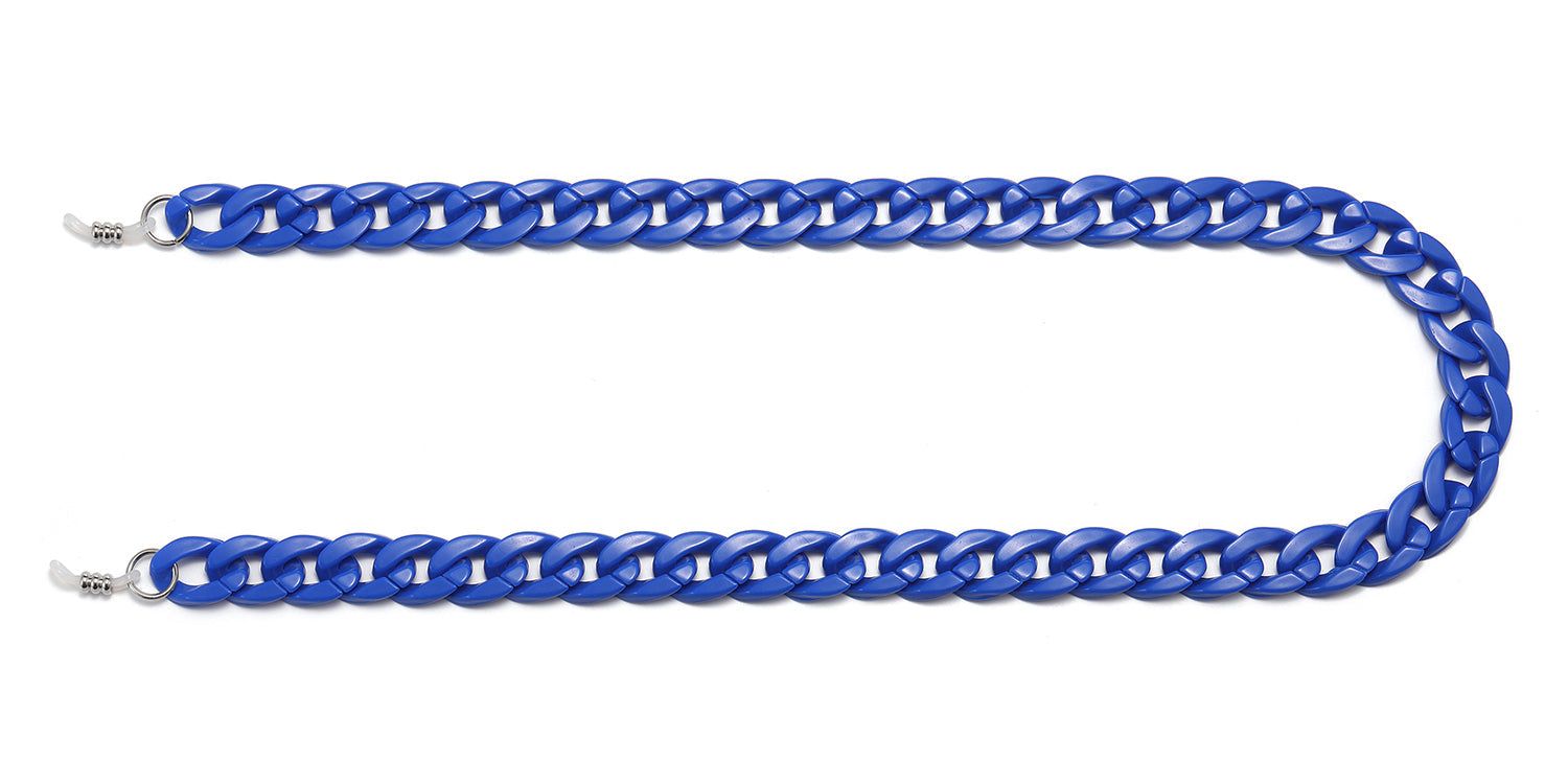 Blaue Brillenkette in Kettenform, mit silberfarbenen Enden. Auf weißem Hintergrund.