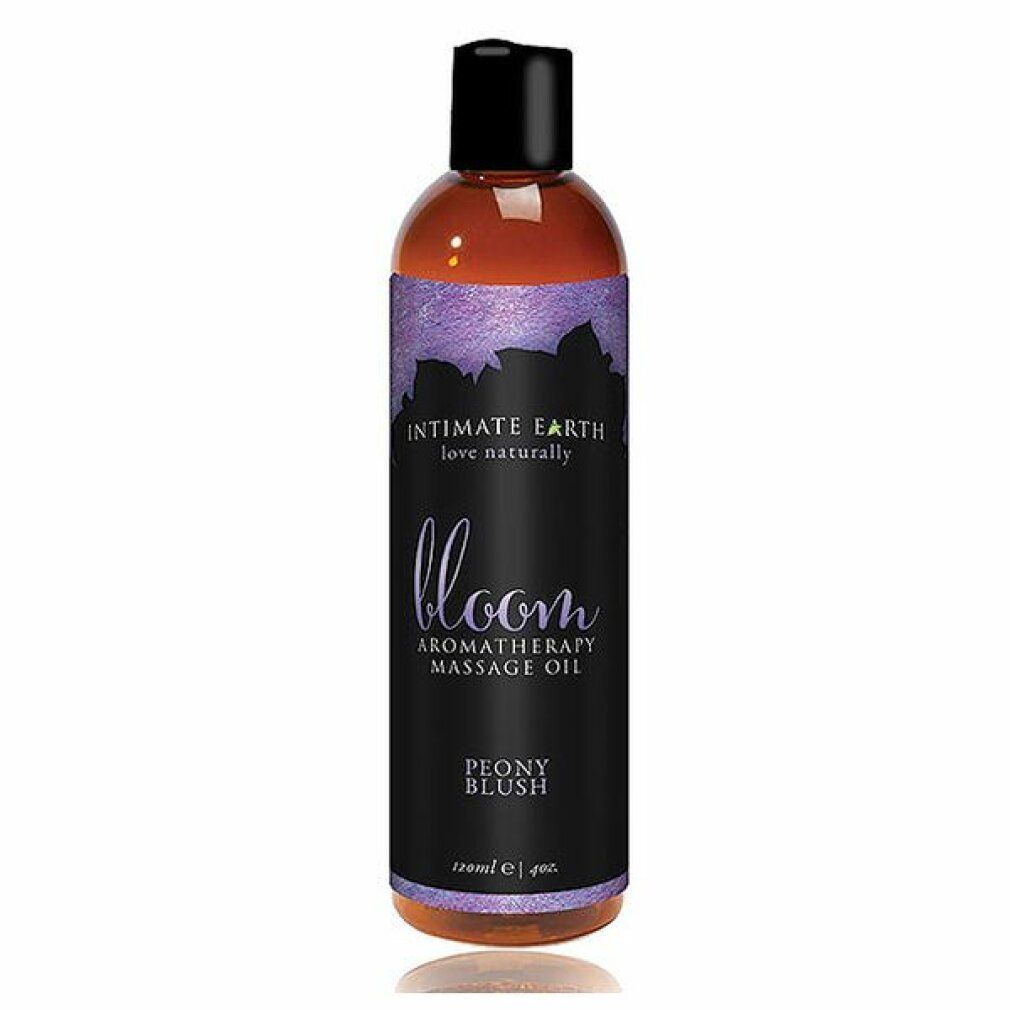 Flasche mit Massageöl. Schwarzer Deckel, violett-schwarzes Etikett mit Text: Intimate Earth, Bloom, Peony Blush. 120ml.
