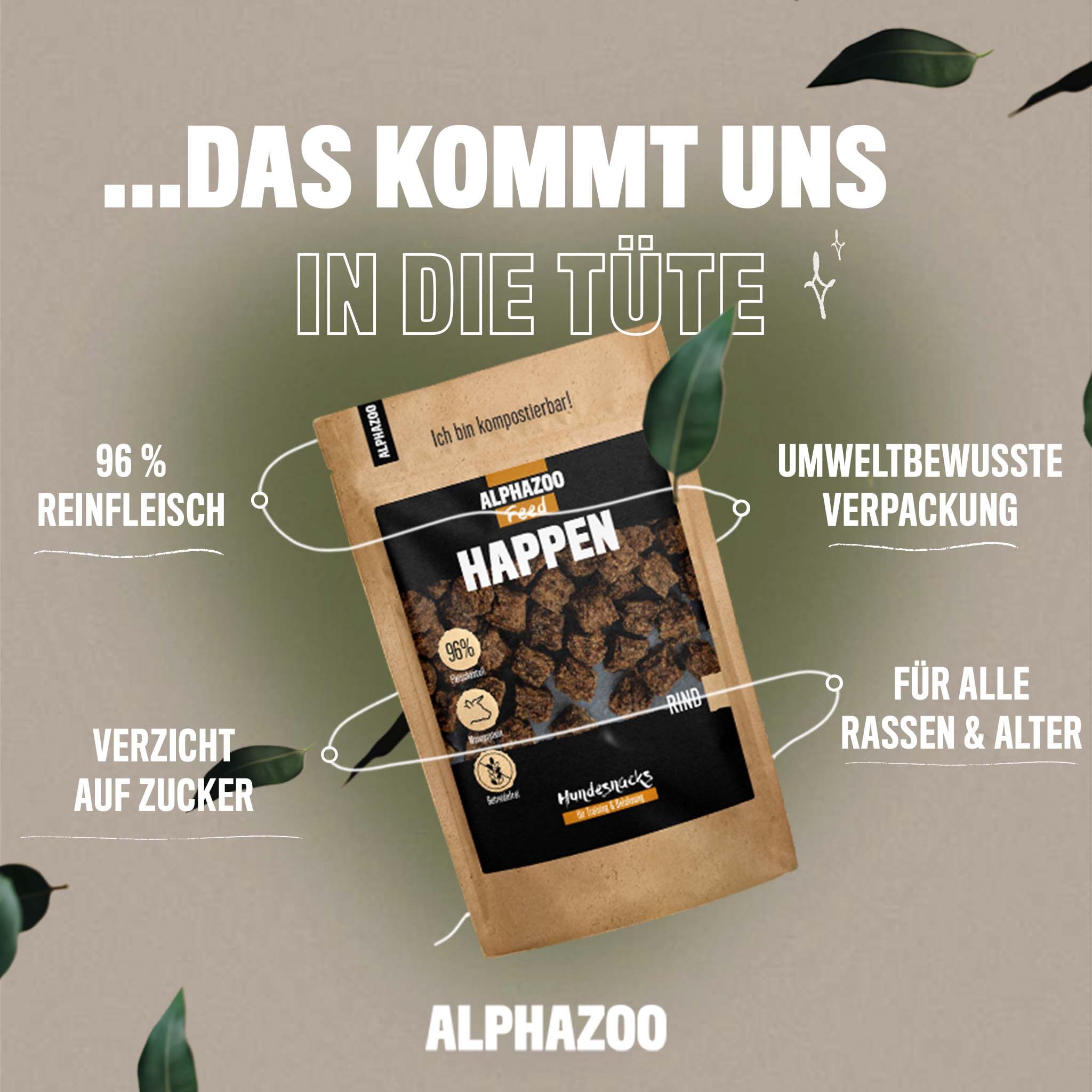 Produktabbildung mit Text: 96% Reinfleisch. Verzicht auf Zucker. Umweltbewusste Verpackung. Für alle Rassen & Alter. ALPHAZOO.