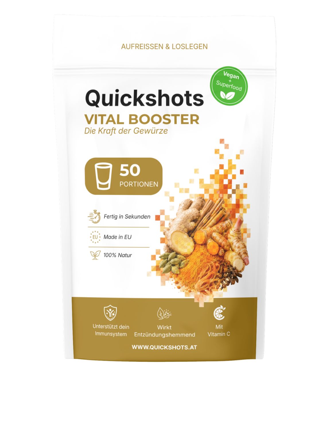 Quickshots Vital Booster Pulverbeutel mit Gewürzabbildung, 50 Portionen.