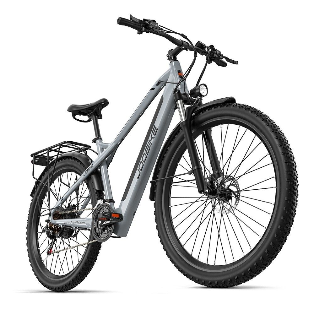 Graues E-Bike JOOBIKE J002, 29 Zoll, All-Terrain-Reifen, Gepäckträger, Scheinwerfer, schwarze Schutzbleche.