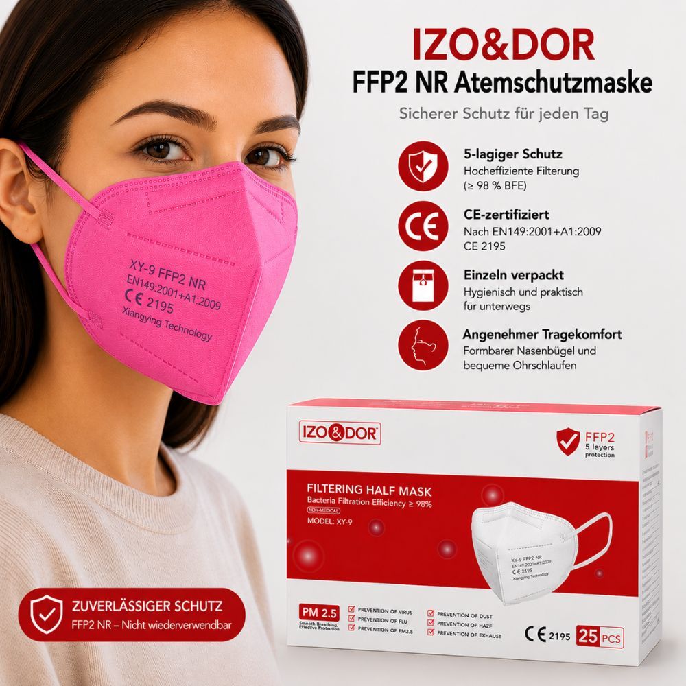 Frau trägt eine rosa FFP2 Maske. Produktverpackung mit Merkmalen.