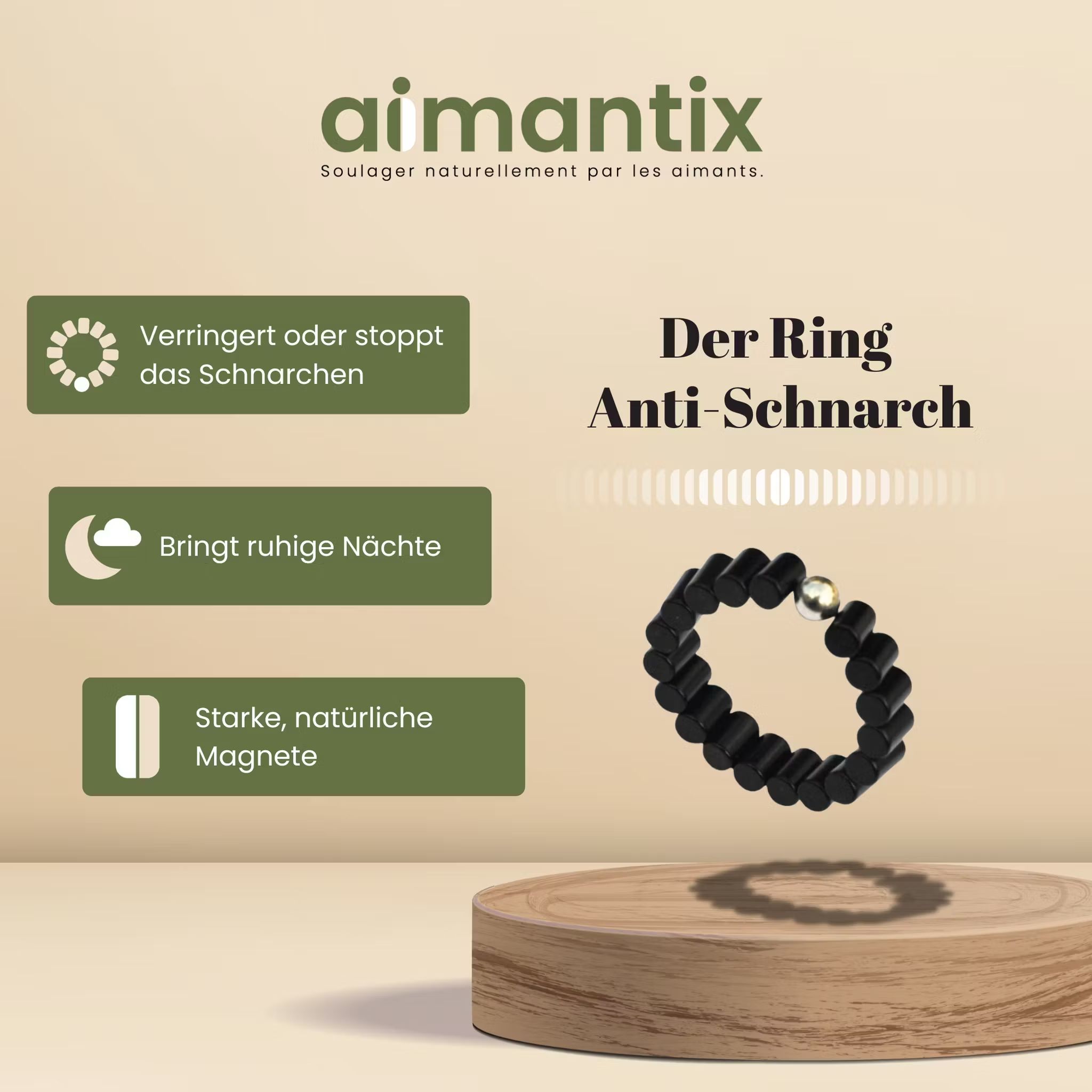 Produktabbildung: Ring mit silberner Kugel, Text: AIMANTIX, Anti-Schnarch-Ring.