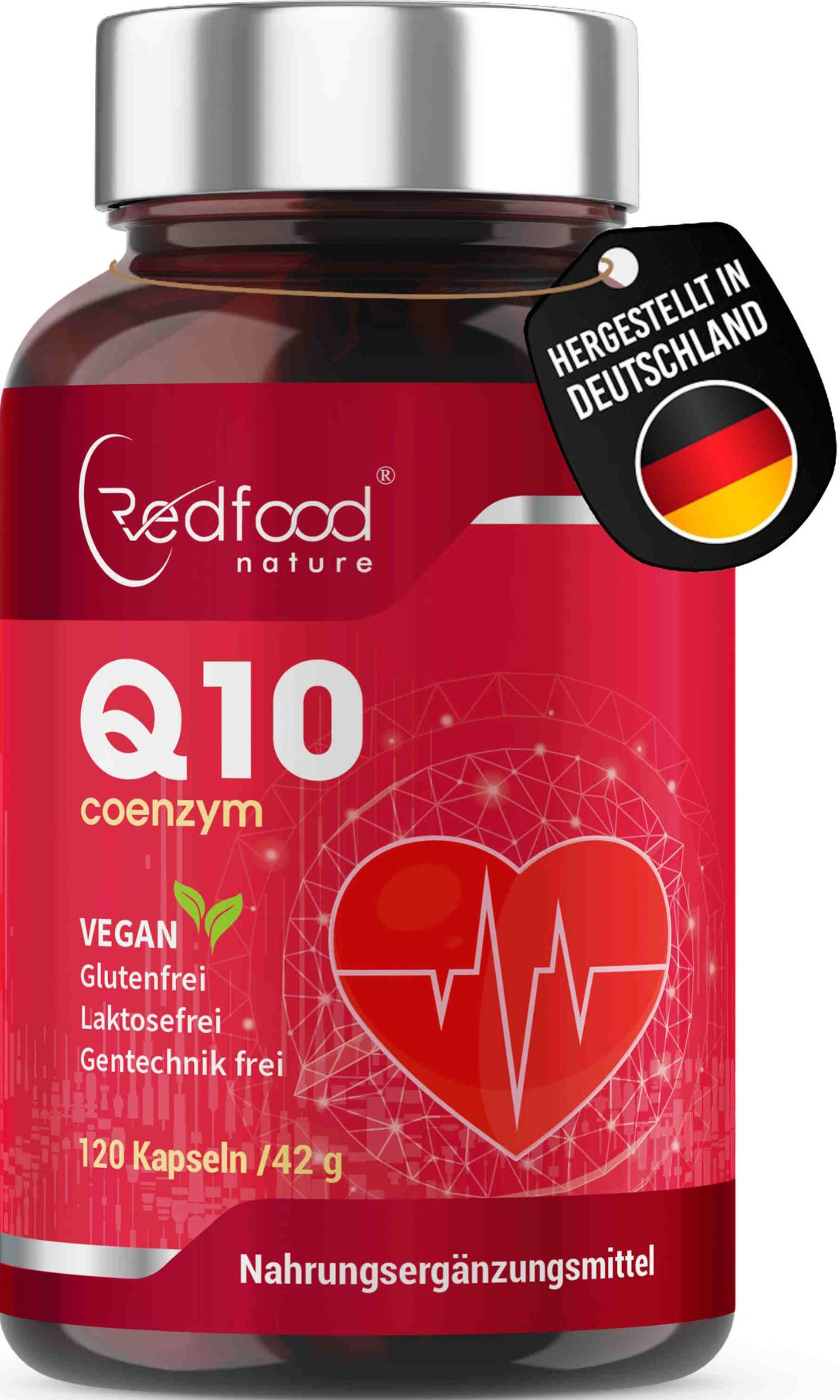 Rote Flasche mit Kapseln. Aufschrift: Redfood, Q10 Coenzym, Vegan, Glutenfrei, Laktosefrei, Gentechnikfrei. Siegel: Hergestellt in Deutschland.