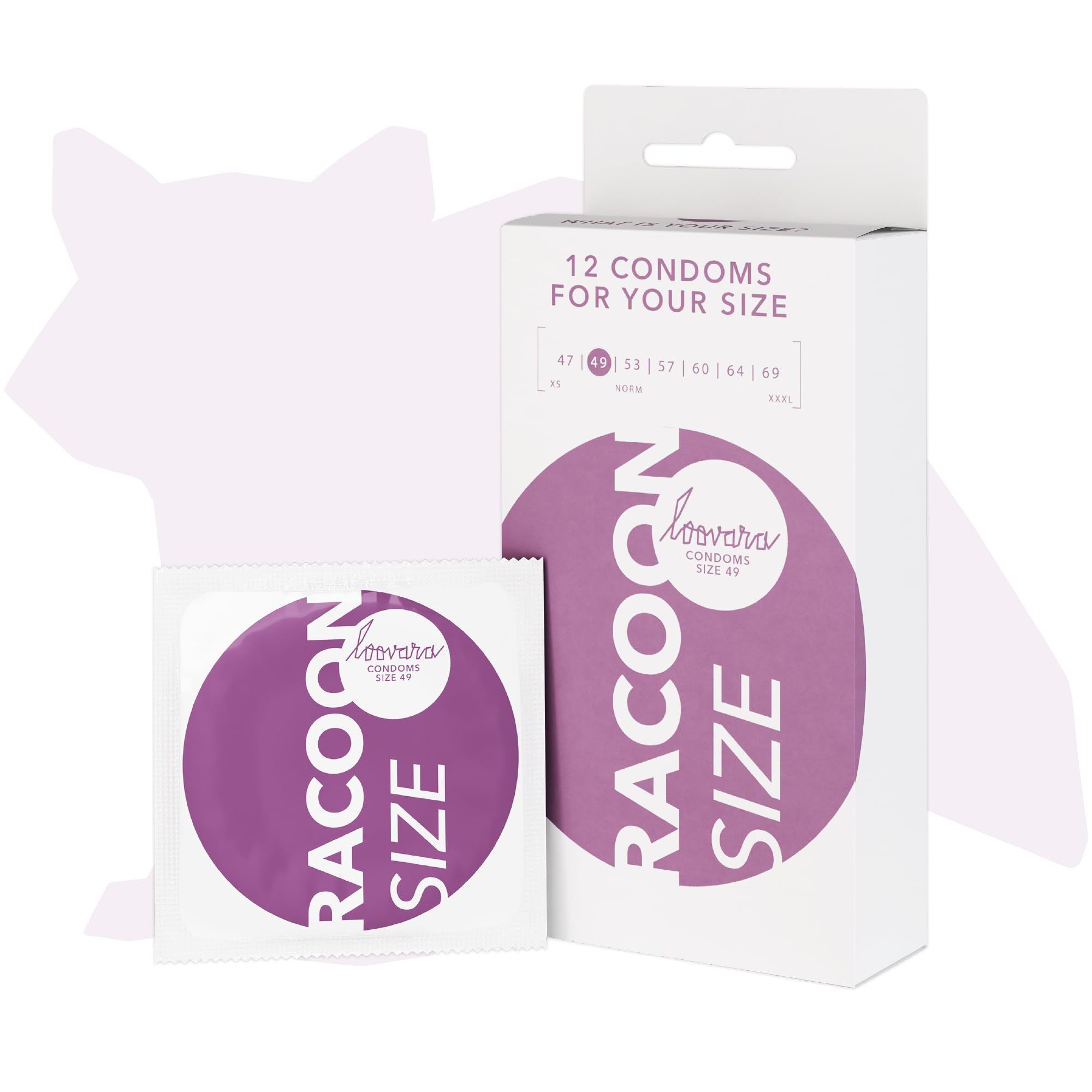 Loovara "Racoon" Kondom (Größe 49) und 12er Packungsbox.