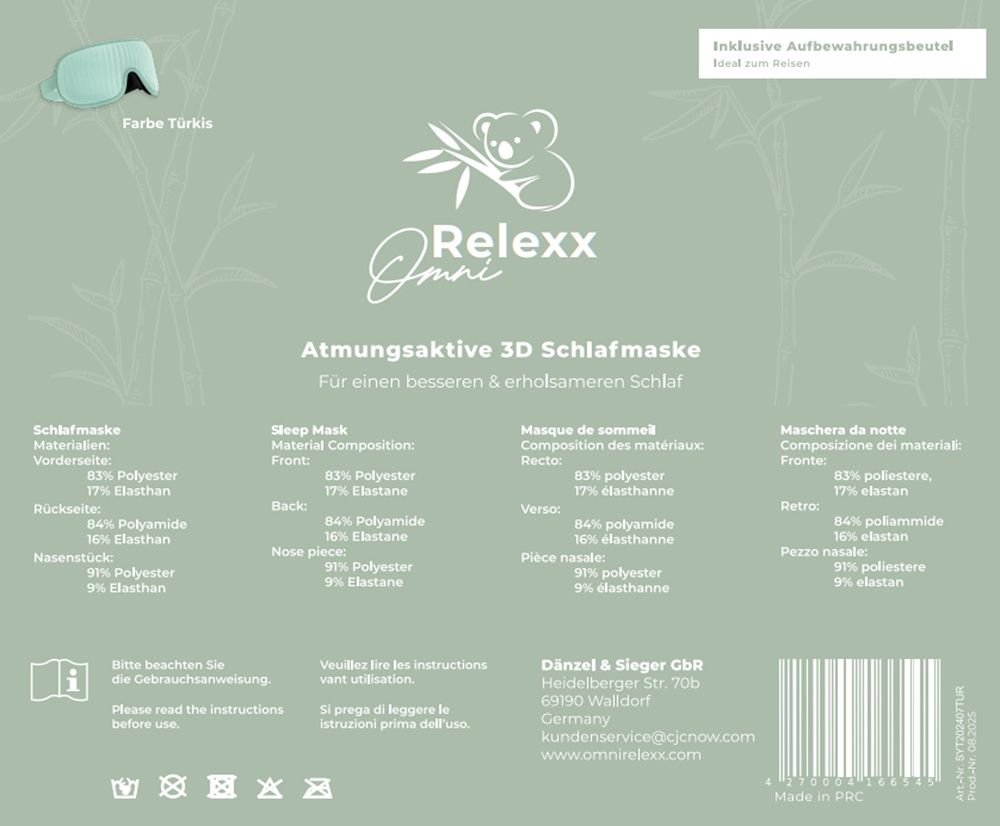 Etikett mit Produktinformationen. 3D Schlafmaske, Materialzusammensetzung, Herstelleradresse, Farbe Türkis.